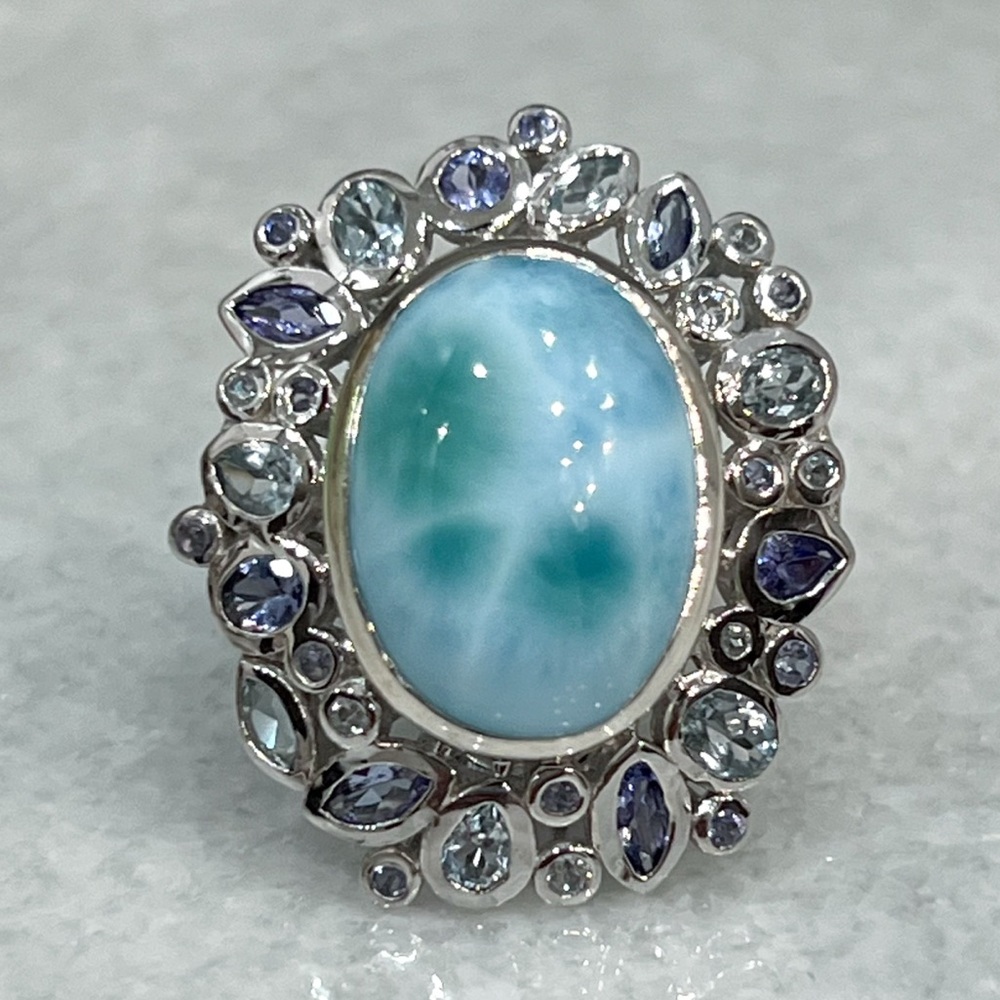Premium Larimar Multigemstone Majestic Sterling Silver Ring Sz 7